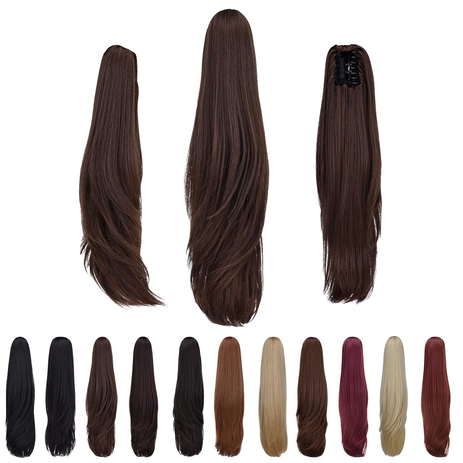 Extensión de cola de caballo marrón sintético clip garra cola de caballo 22 pulgadas recta 5.5 oz falsos postizos mujeres Yaki Fluffy enredado