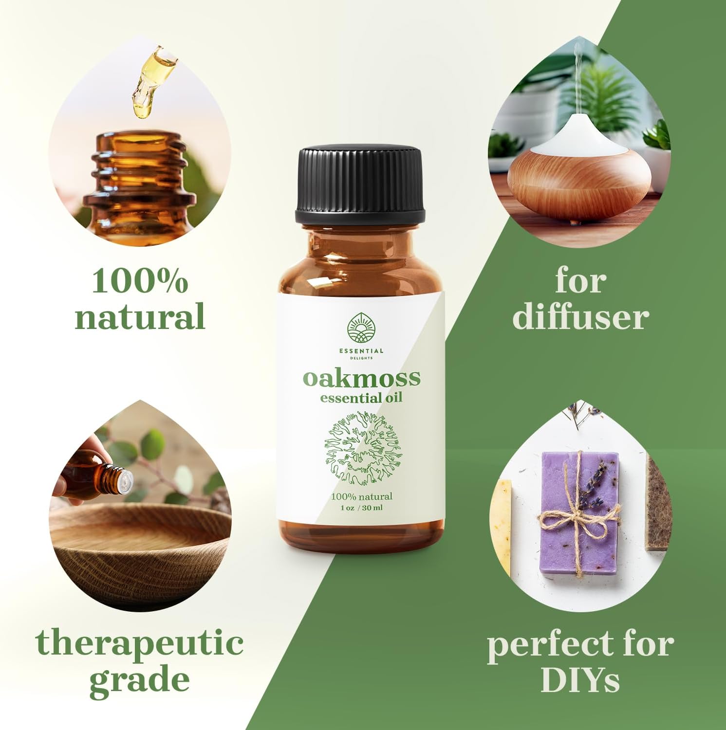 Aceite esencial de musgo de roble  Aceite esencial 100% sin diluir de grado premium (1 onza)  para aromaterapia, jabones, lociones y velas  Vegano y