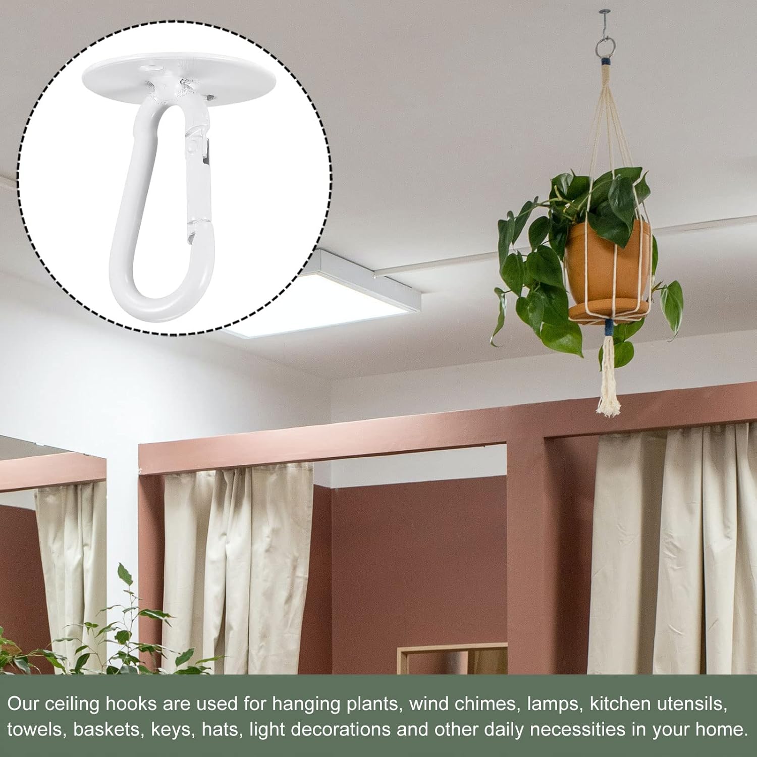 YOKIVE 3 ganchos para colgar en el techo, gancho a presión con placa redonda para colgar plantas, ideal para oficina, hogar, uso diario (blanco, 1.6