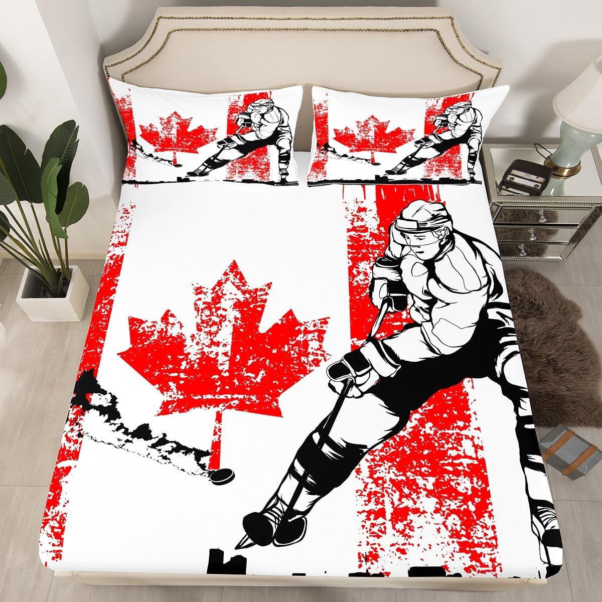jejeloiu Juego de sábanas de hockey sobre hielo para niñas y niños, tamaño King, con diseño de bandera canadiense con bolsillo profundo, sábana