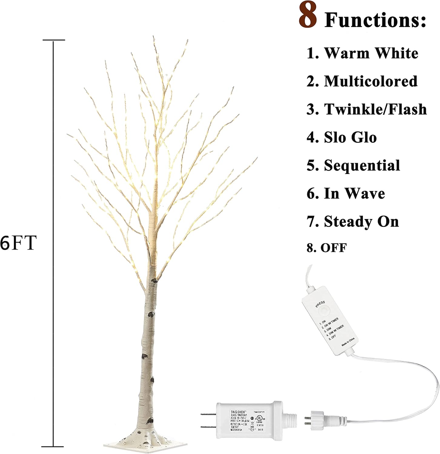Hairui Árbol de abedul iluminado con luces de hadas de color blanco cálido y multicolor, 8 funciones, 6 pies, árbol sintético con luces para
