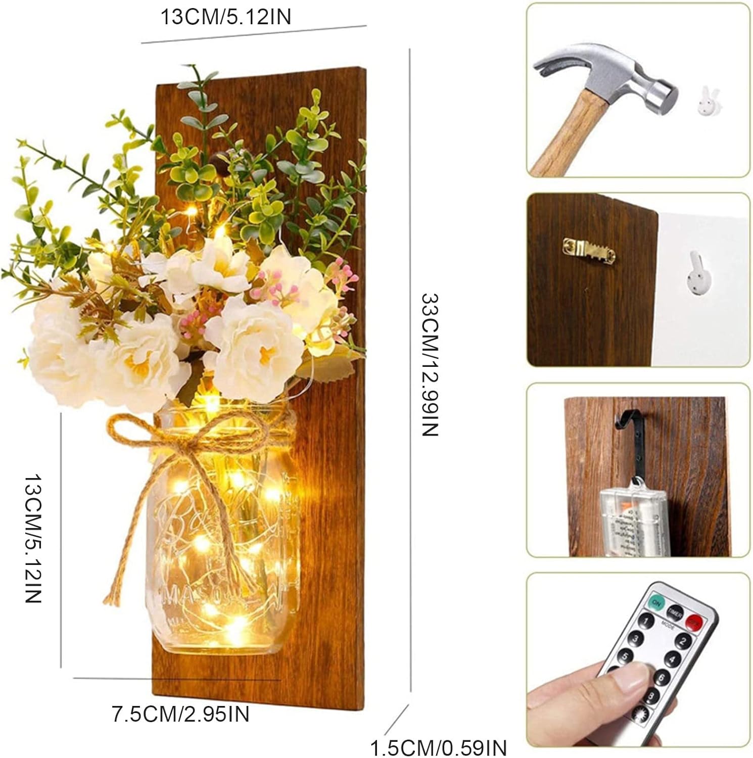 FRAKYEN Plantas artificiales y flores retro de madera Mason Jar lámpara de pared simulación flor peonía rosa enviar control remoto para decoración