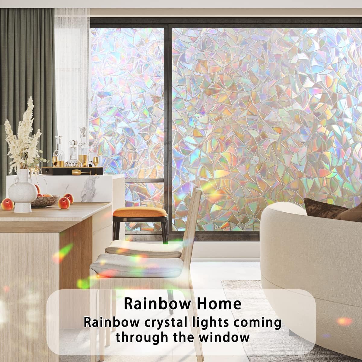 Película decorativa 3D de privacidad para ventana, diseño de arco iris, película decorativa de vinilo anti rayos UV, estática, no adhesiva (47.25 x