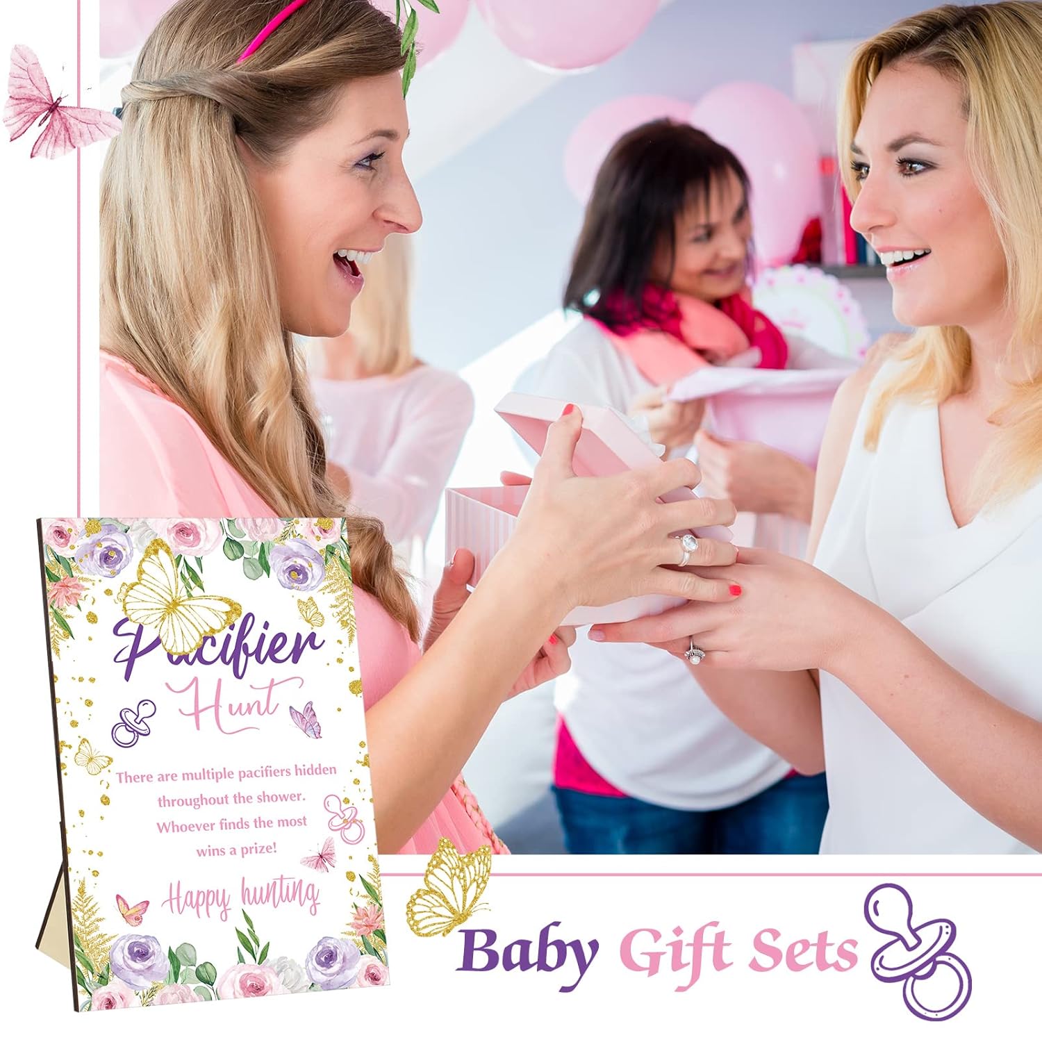 51 juegos geniales para baby shower, incluyen letrero de caza de chupete de mariposa y 50 chupetes acrílicos para bebé, mini chupetes para fiesta de