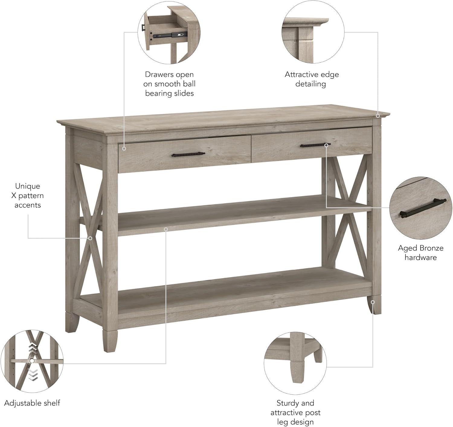 Bush Furniture Key West Console Table with Drawers and Shelves in Washed Gray