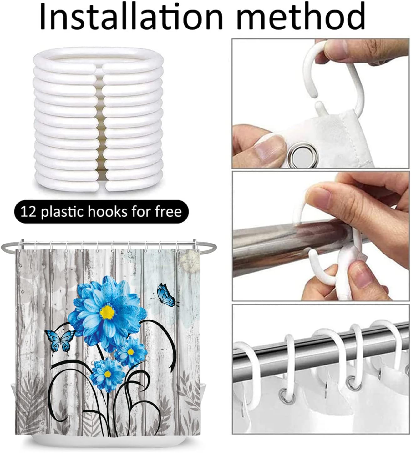 Cortinas de ducha con diseño de mariposas florales para baño, cortina de ducha rústica, tela de margaritas azules sobre madera campestre, juego de