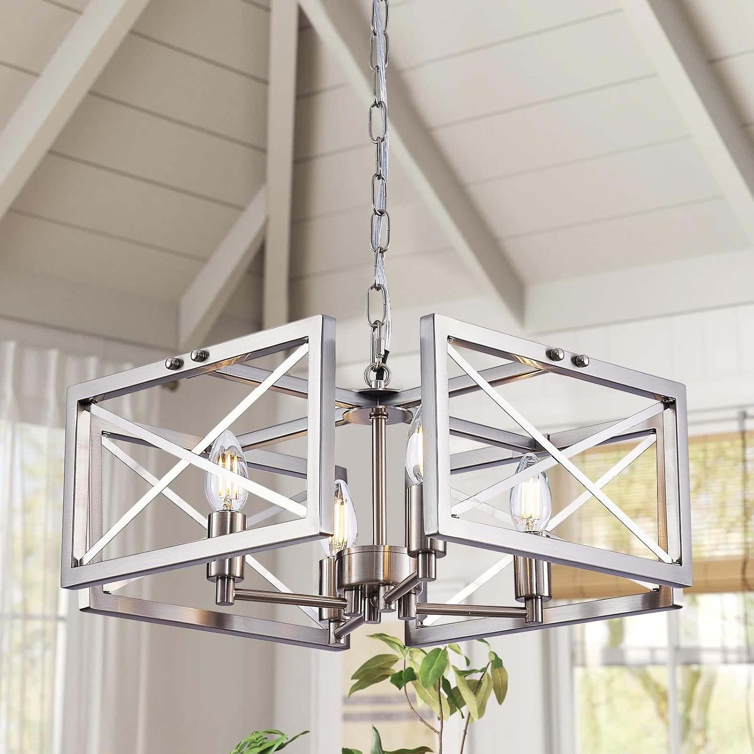 Szleomay Candelabro moderno de níquel cepillado, 4 lámparas de araña para comedor con marco cuadrado de metal, altura ajustable, accesorios de