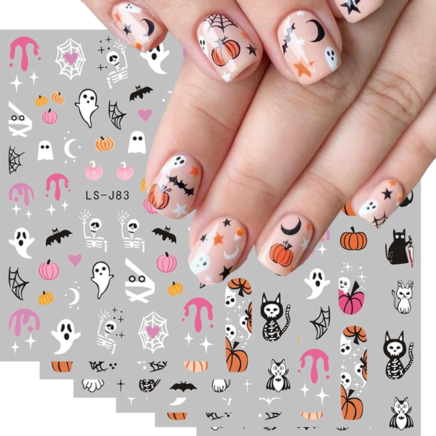 Calcomanías de uñas de Halloween, calabazas de dibujos animados, fantasmas, uñas, calcomanías 3D autoadhesivas para arte de uñas, bonitos