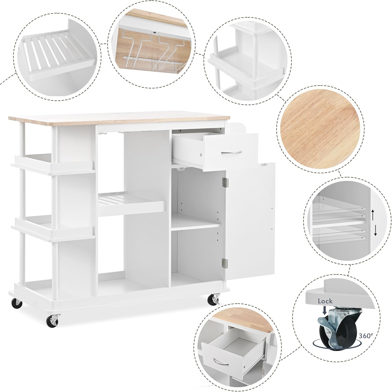Carrito de cocina multiusos con gabinete de almacenamiento, cajón, estante ajustable y gancho lateral, isla de cocina rodante sobre 5 ruedas con