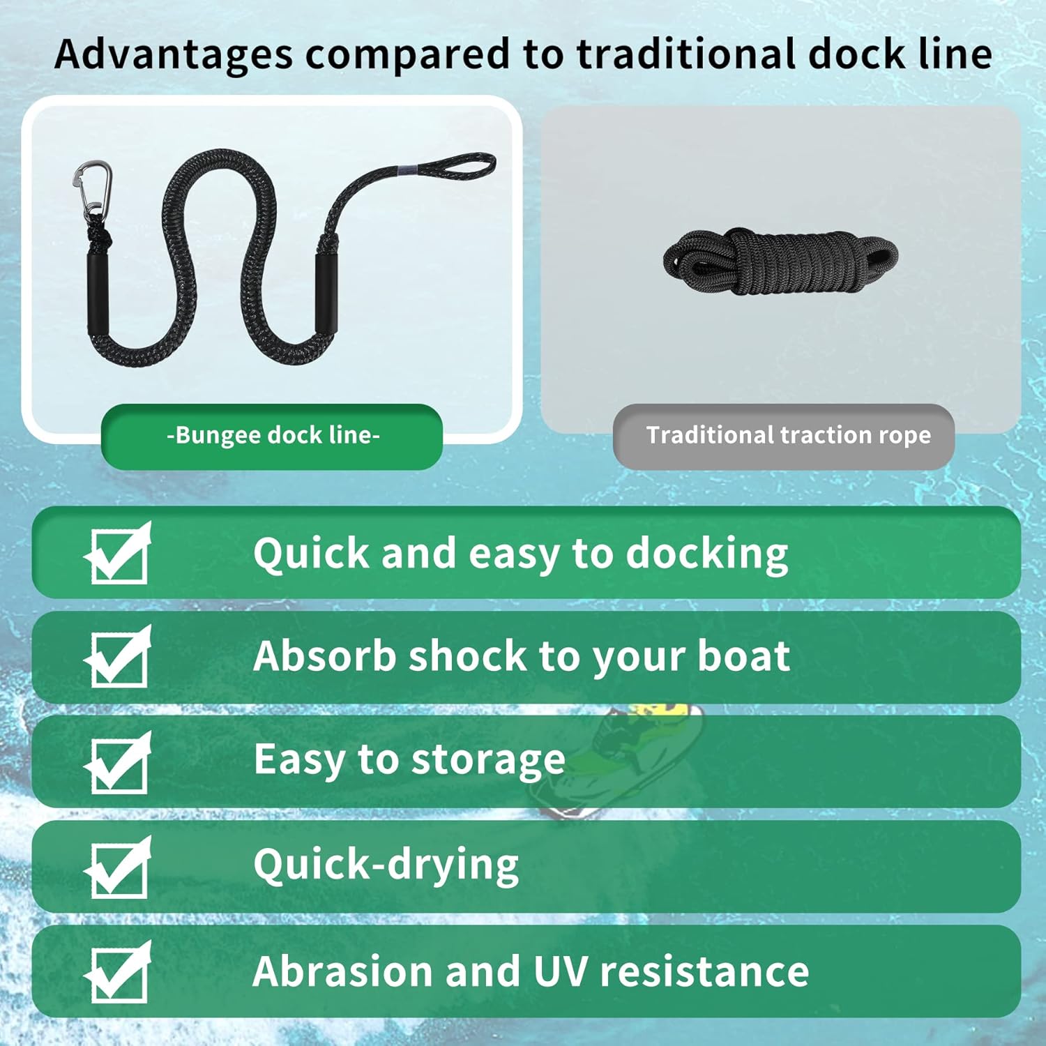 Líneas de muelle elástico para barcos, líneas de amarre marinas, cuerda de barco para acoplamiento con lazo y clip accesorios para moto acuática,