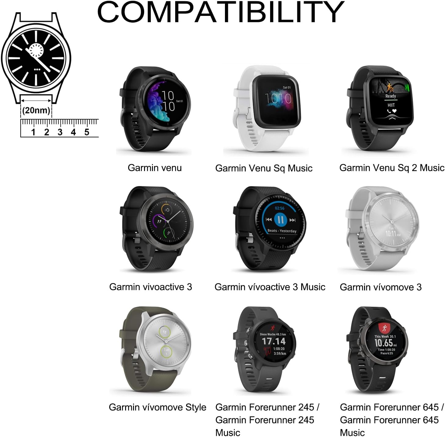 Vanjua Bandas compatibles con Garmin Venu 2 Plus, Venu Sq, Venu y Vivoactive 3, correa de repuesto deportiva de silicona suave para Garmin Vivomove