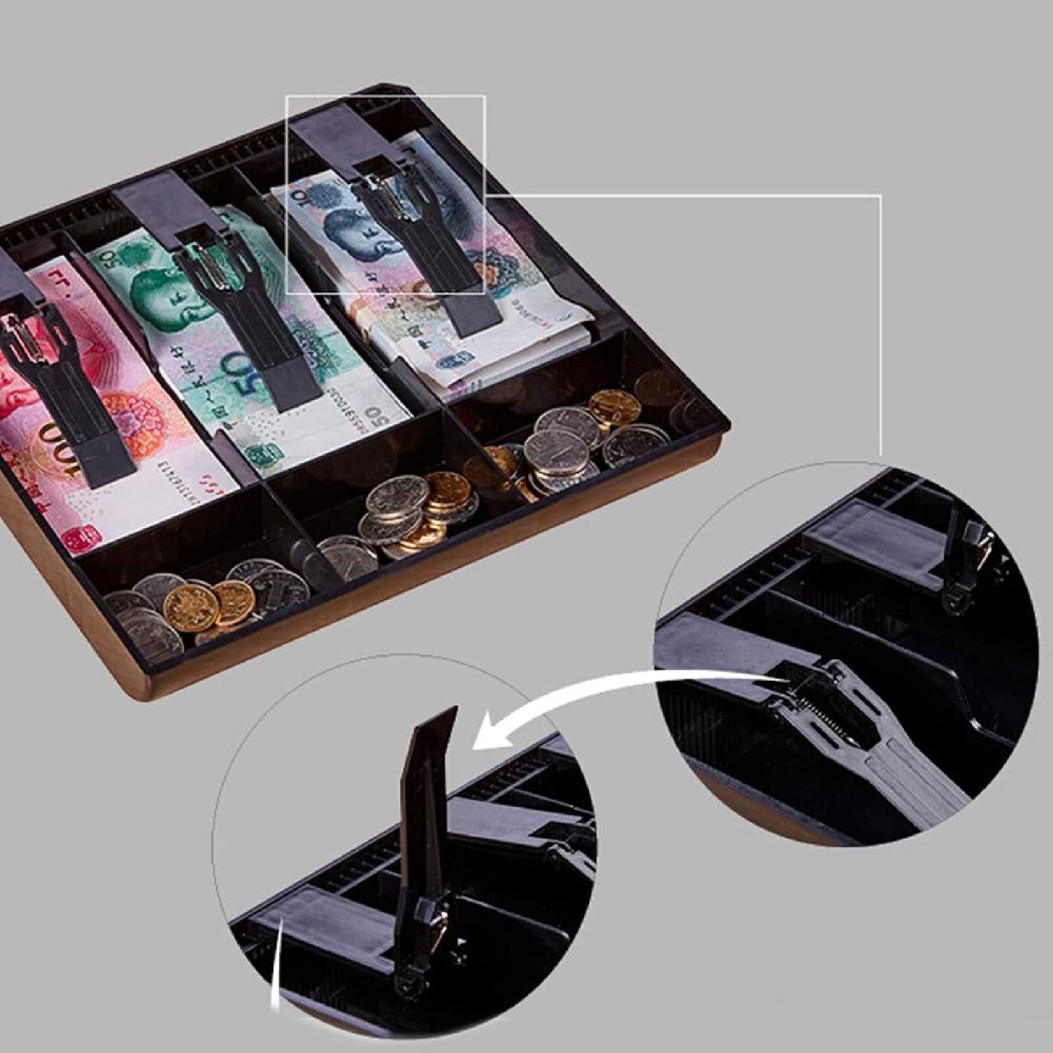 Bandeja de inserción de cajón de efectivo, caja registradora de moneda, organizador de moneda, estuche de almacenamiento portátil con clip de