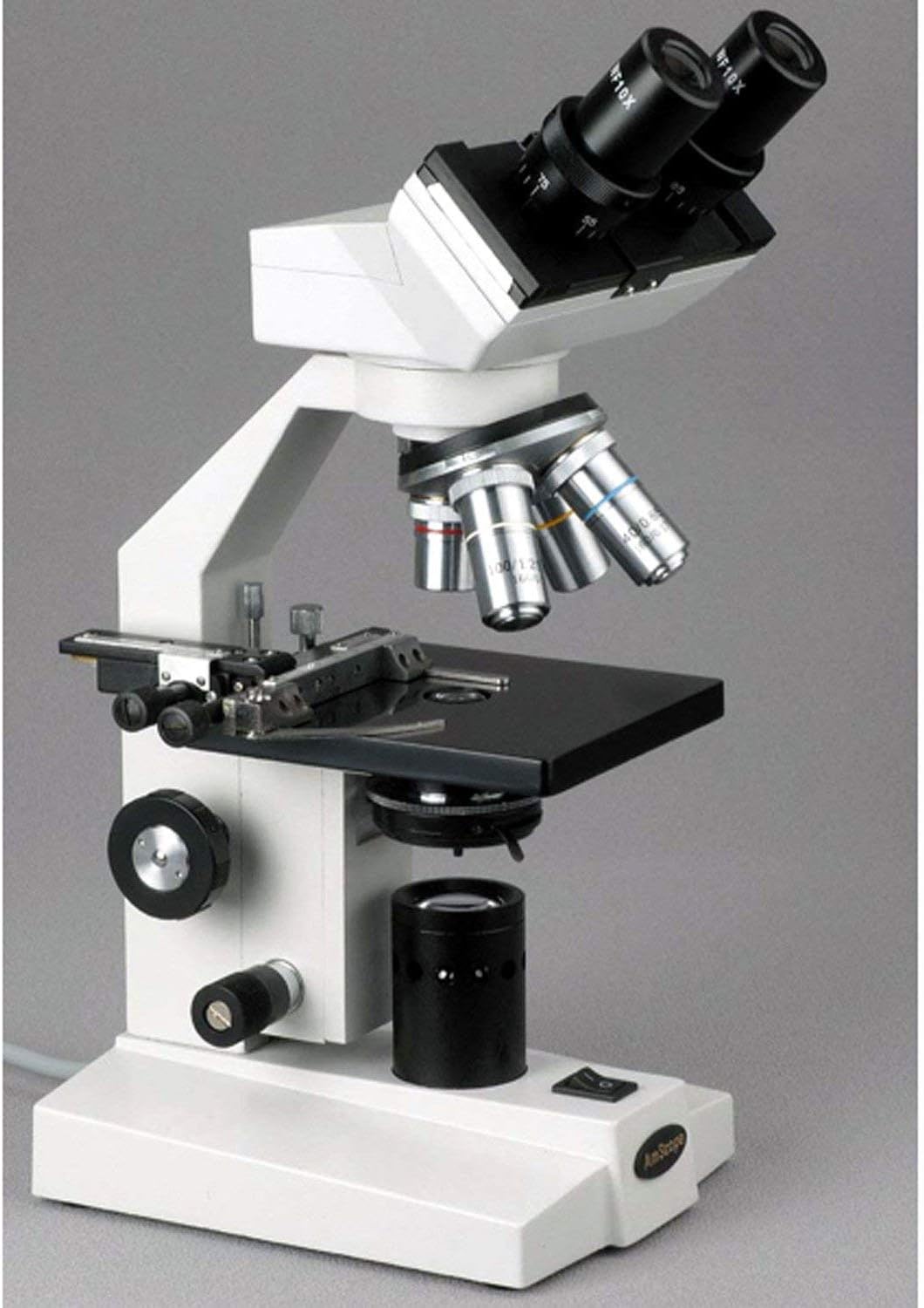 AmScope Microscopio binocular compuesto B100A-MS, aumento 40X-1600X, Brightfield, iluminación de tungsteno, condensador de Abbe, etapa mecánica