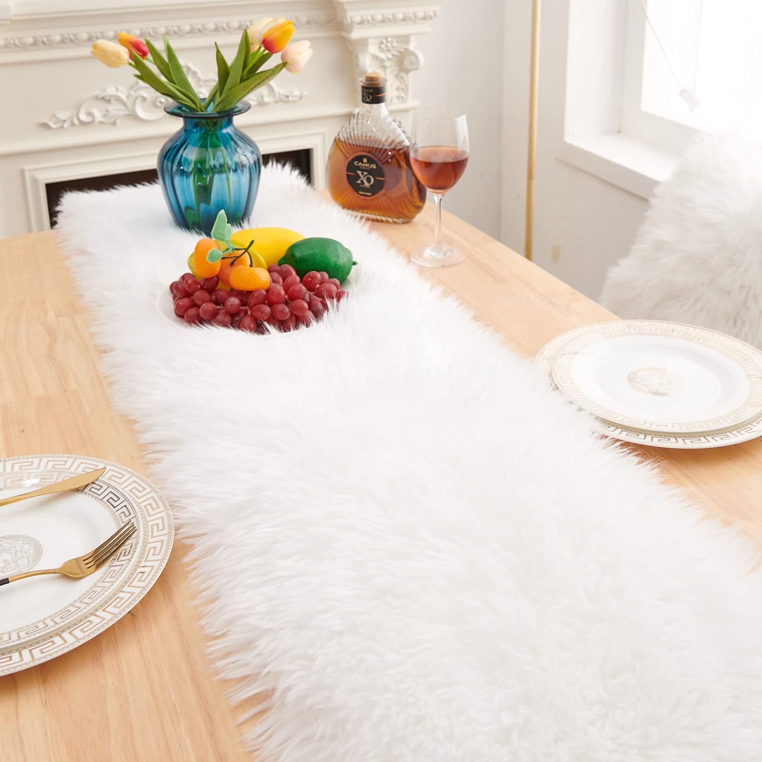 Camino de mesa, moderno camino de mesa de piel blanca para Navidad, boda, fiesta, vacaciones, cumpleaños, hogar, casa de campo, comedor, decoración