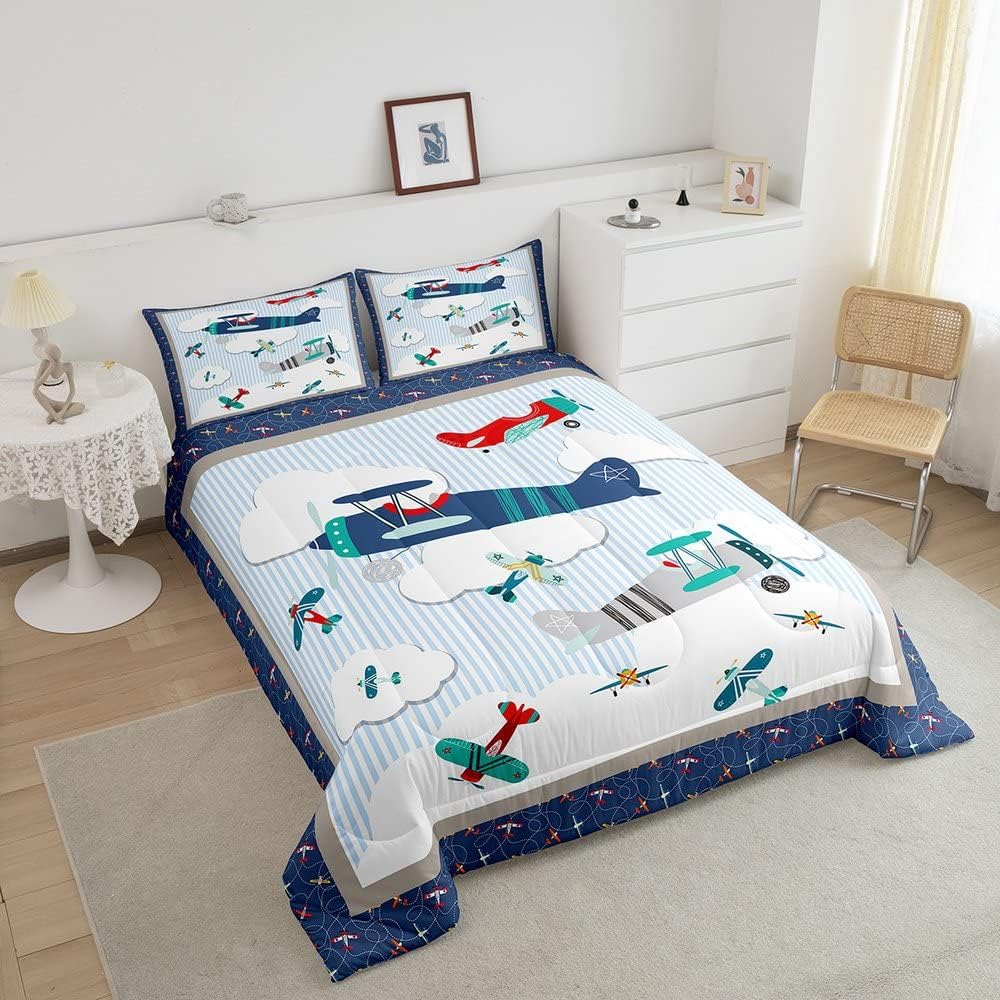 Juego de edredón de avión para niños, cielo azul y nubes blancas, juego de ropa de cama para niños, niñas, mujeres y adultos, edredón de aviones de