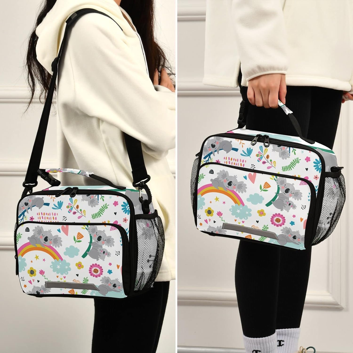 Linda lonchera con estampado de flores de koala para niños y niñas, bolsa de almuerzo aislada para niños, correa de hombro, reutilizable, para la