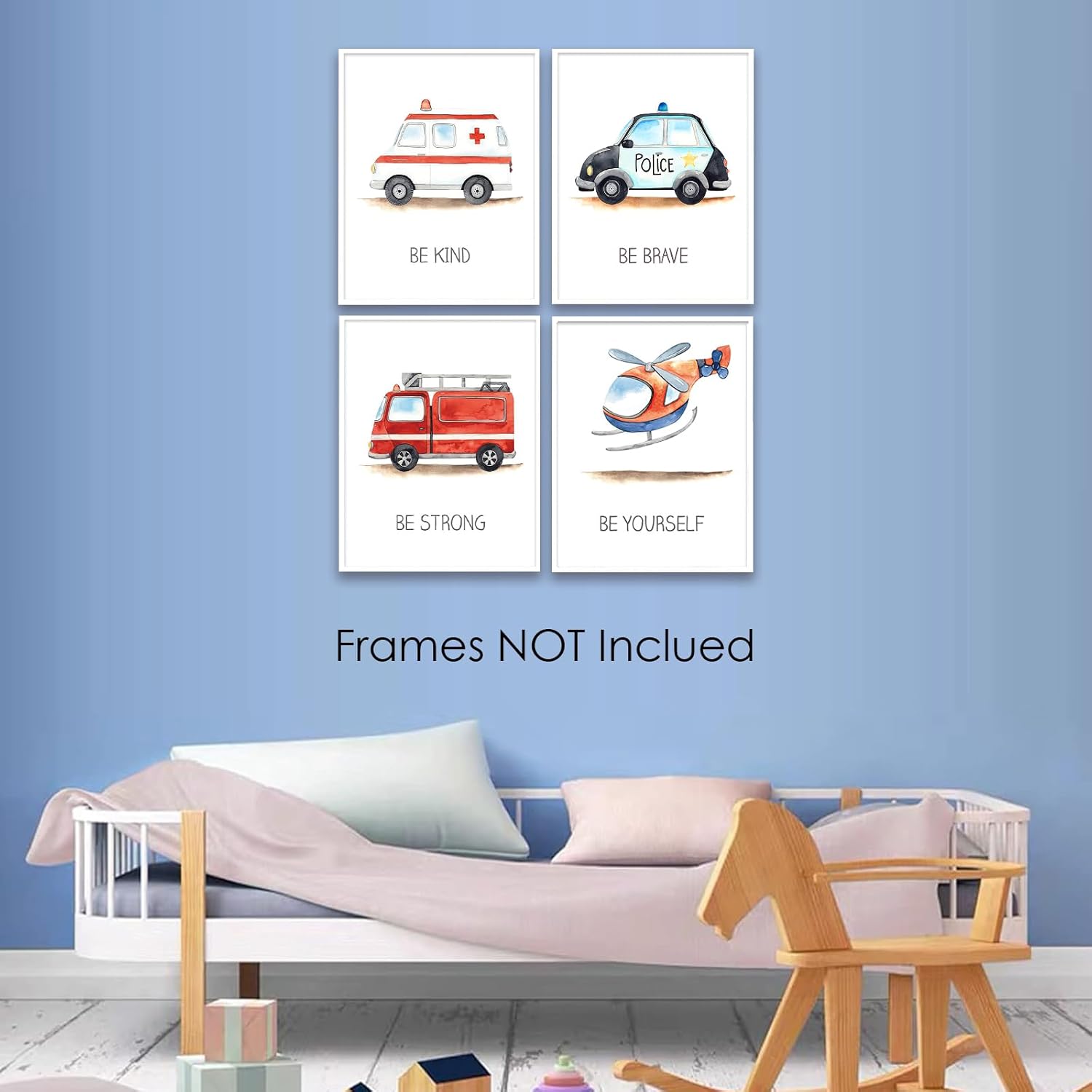 4 piezas de arte de pared de vehículo de emergencia para decoración de habitación de niños, sin marco, lindo camión de bomberos, ambulancia,