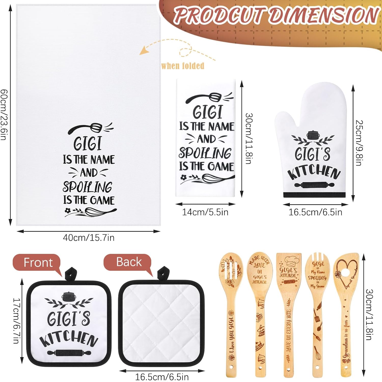 Juego de 10 piezas de regalo de cocina Mimi que incluye delantal de cocina de algodón, manoplas de horno, soporte para ollas de bambú, espátula de