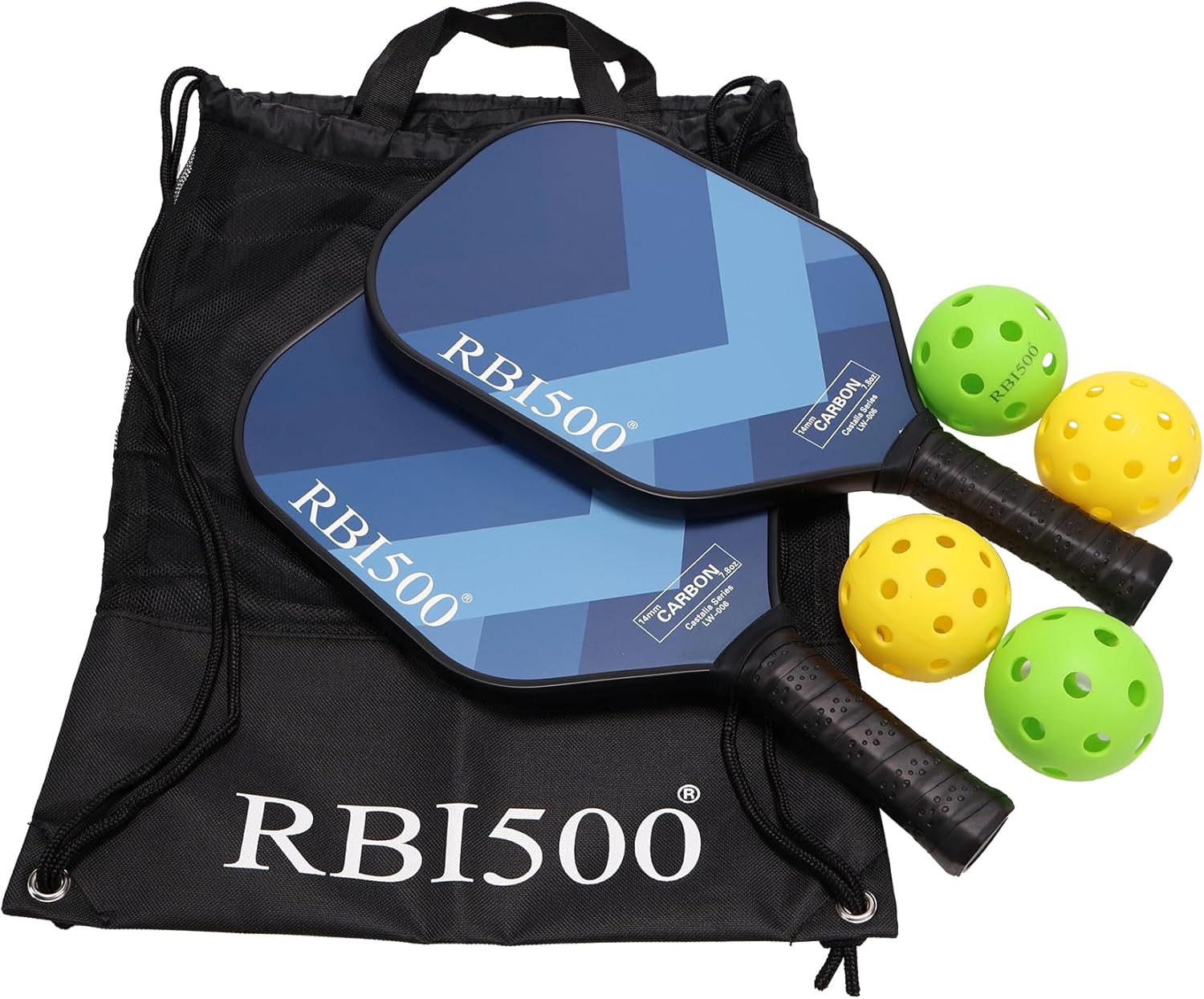 Paletas de pickleball, juego de 2 palas de pickleball de fibra de carbono intermedia, 2 para exteriores + 2 bolas de pepinillo para interiores con