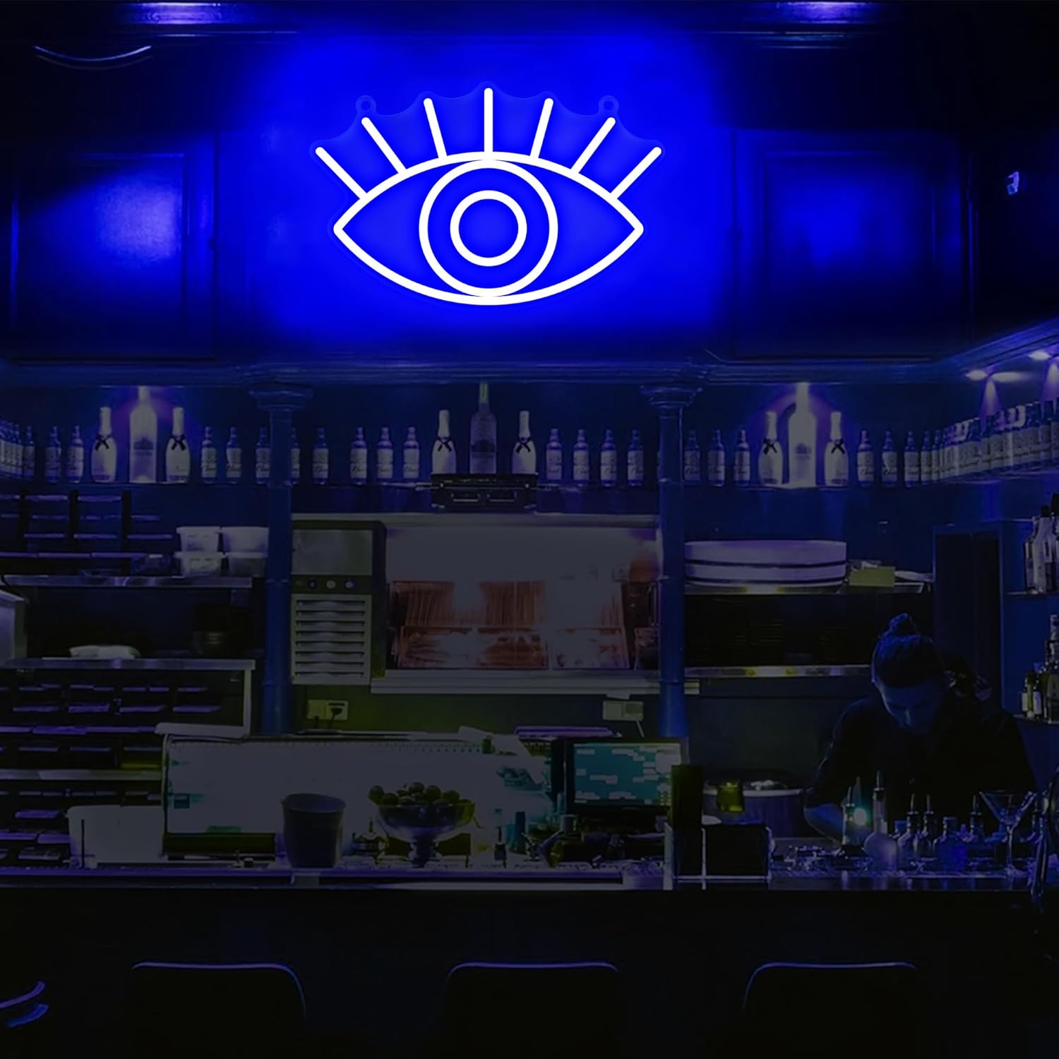 Attivolife Letrero de neón de ojos, luz nocturna decorativa azul malvado de ojo con alimentación USB, decoración de pared para dormitorio, sala de