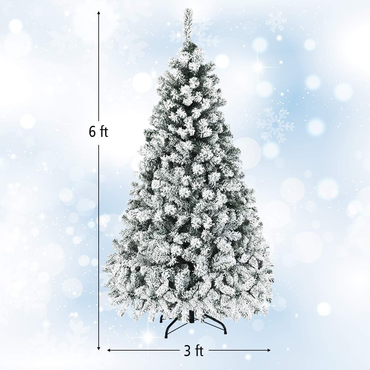 HAPPYGRILL Árbol de Navidad preiluminado de 6 pies, agujas de PVC de alta calidad, 600 puntas de rama, pino flocado con bisagras de nieve con
