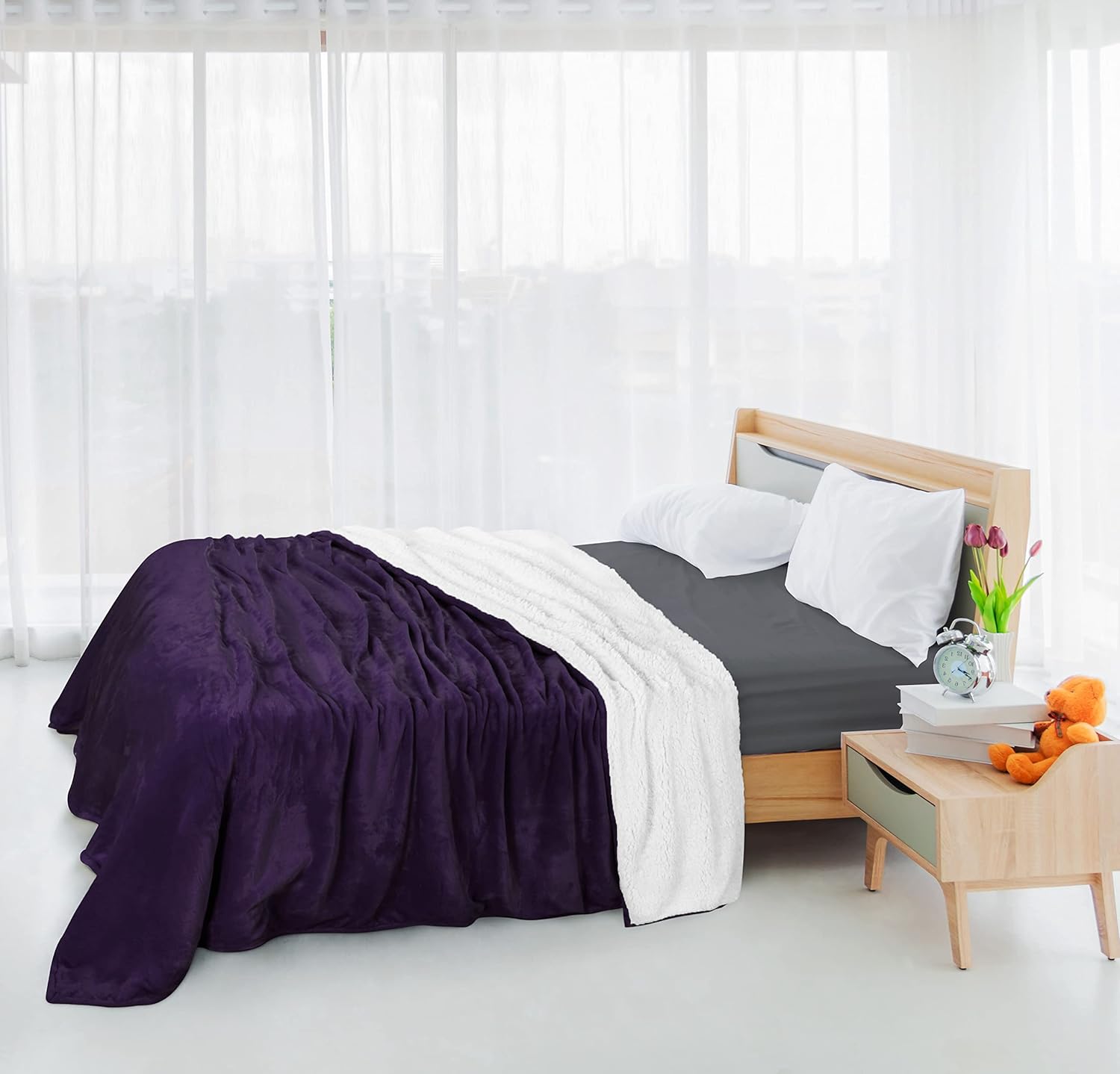 Utopia Bedding Sherpa – Sábana reversible de franela, Lana, Ciruela, gemelo