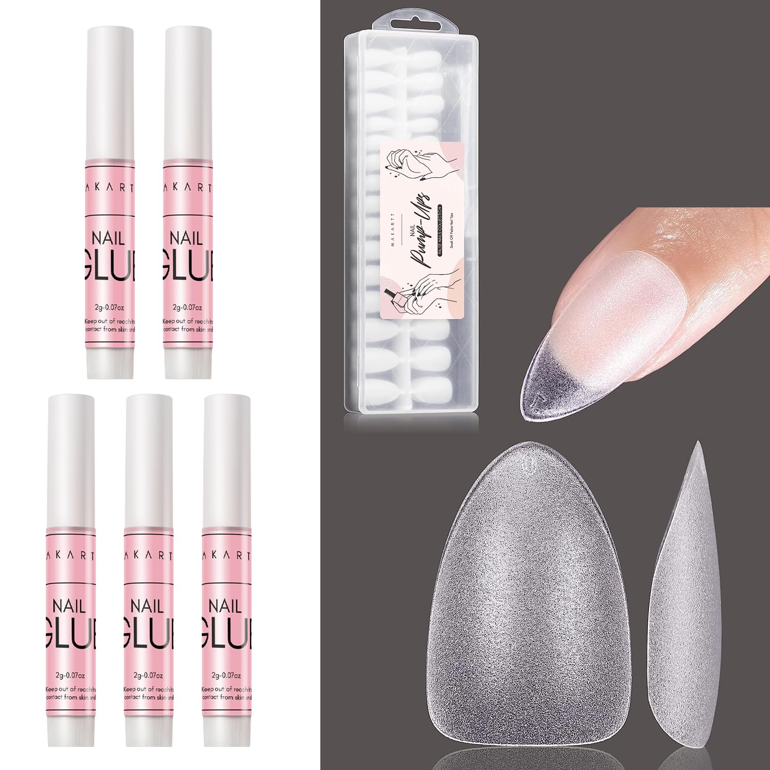 Makartt Pegamento de uñas súper fuerte para uñas acrílicas, uñas a presión, paquete de pegamento extra corto de almendra, 360 puntas de uñas de gel