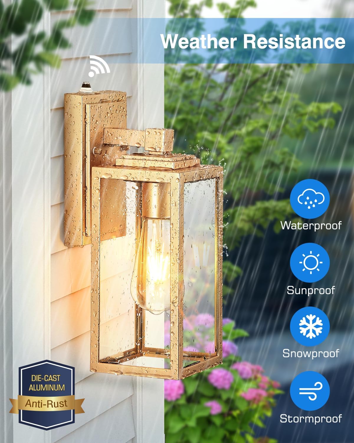 VIANIS Lámpara de pared dorada para exteriores, sensor de atardecer a amanecer, apliques de montaje en pared exterior para casa, lámparas de pared