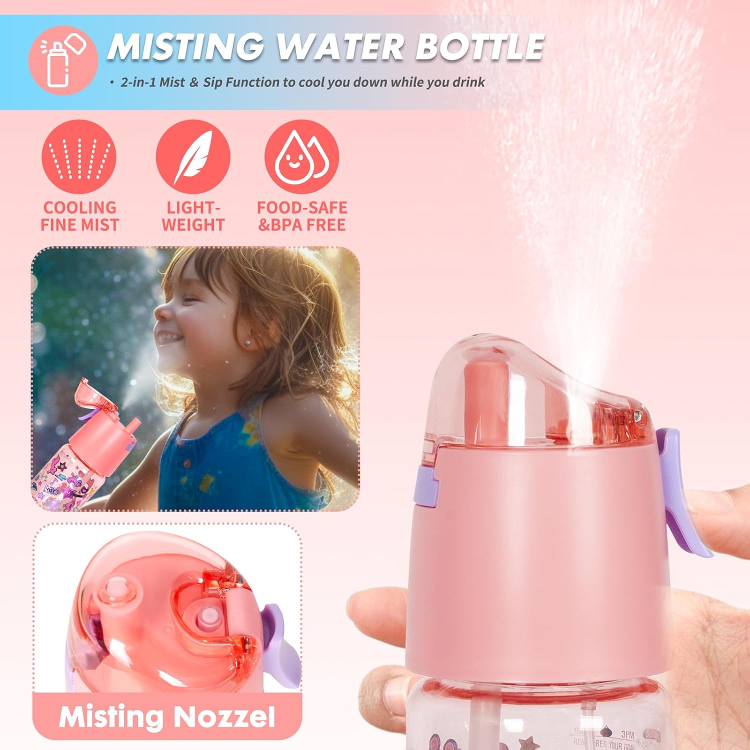 Botella de agua nebulizadora para niños con pajillapara niñas escolares, botella de agua potable de 20 onzas sin BPA para niños, función de niebla y