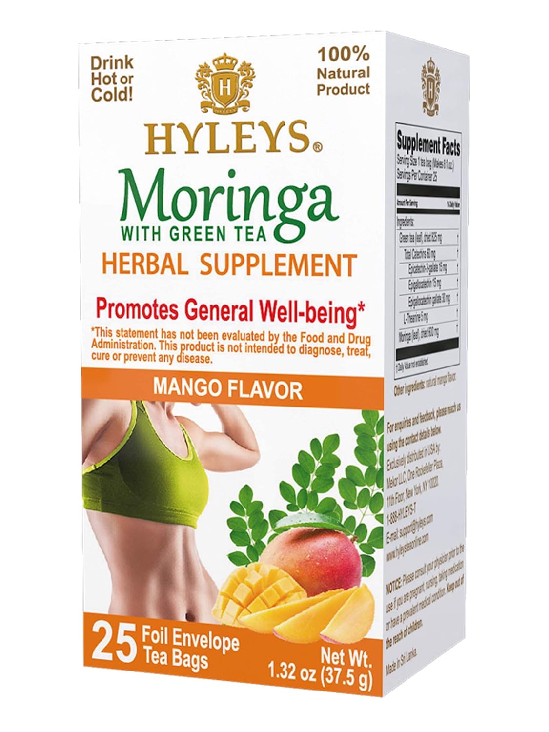 Hyleys Moringa Oleifera y té verde con sabor natural a mango – 25 bolsas de té (té de árbol de milagro)