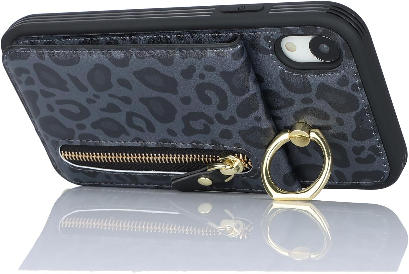 Funda para iPhone XR para mujer, funda para iPhone XR con tarjetero con tarjetero con soporte para tarjeta de crédito con anillo, cierre de