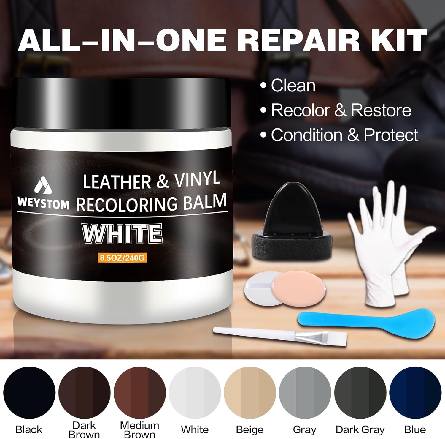 Bálsamo de recoloración de cuero, kit de reparación de cuero blanco para muebles, tinte de cuero, recolor, renovación, reparación y restauración de