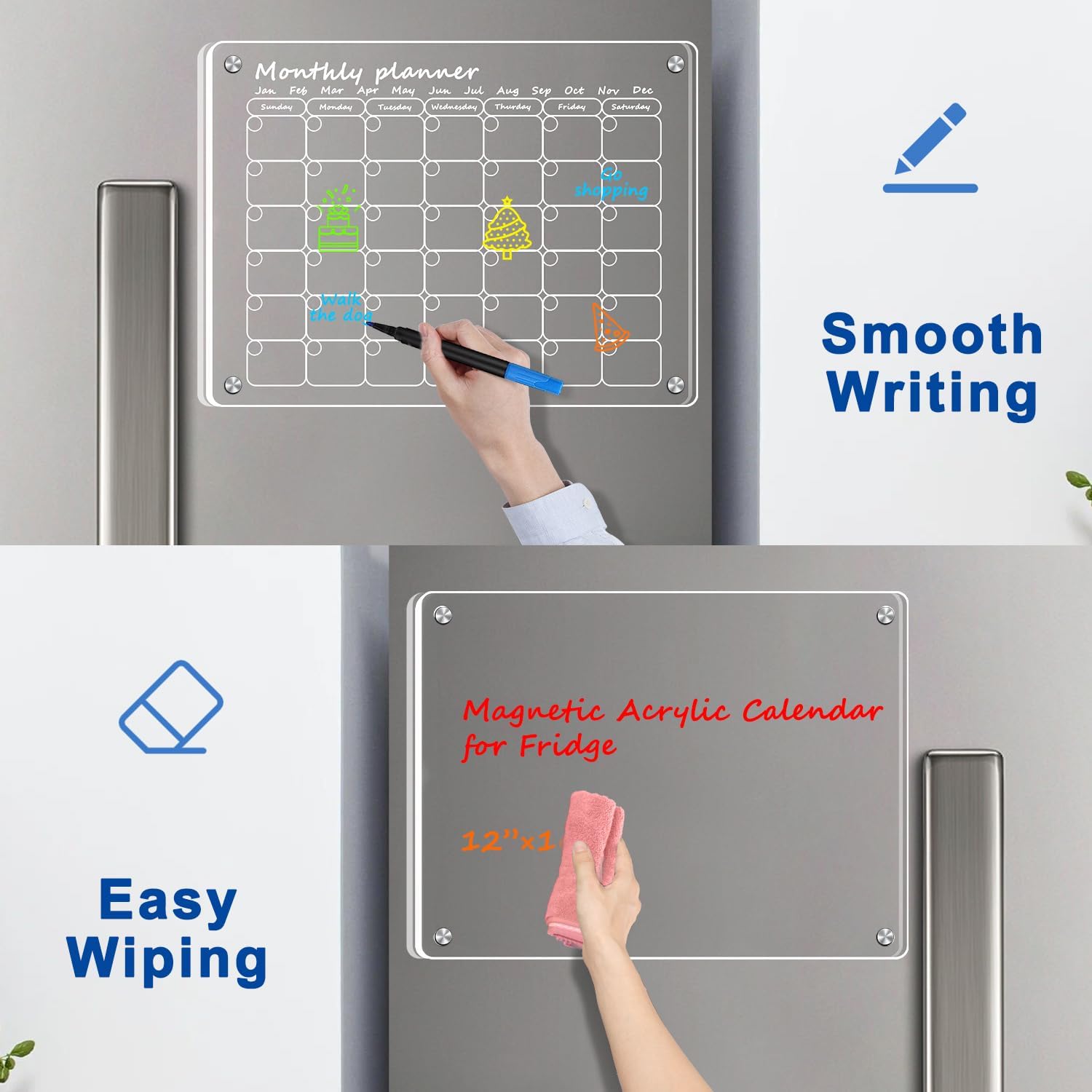 Calendario acrílico magnético para refrigerador, paquete de 2 calendarios transparentes de 12 x 16 pulgadas, juego de tablas de planificación