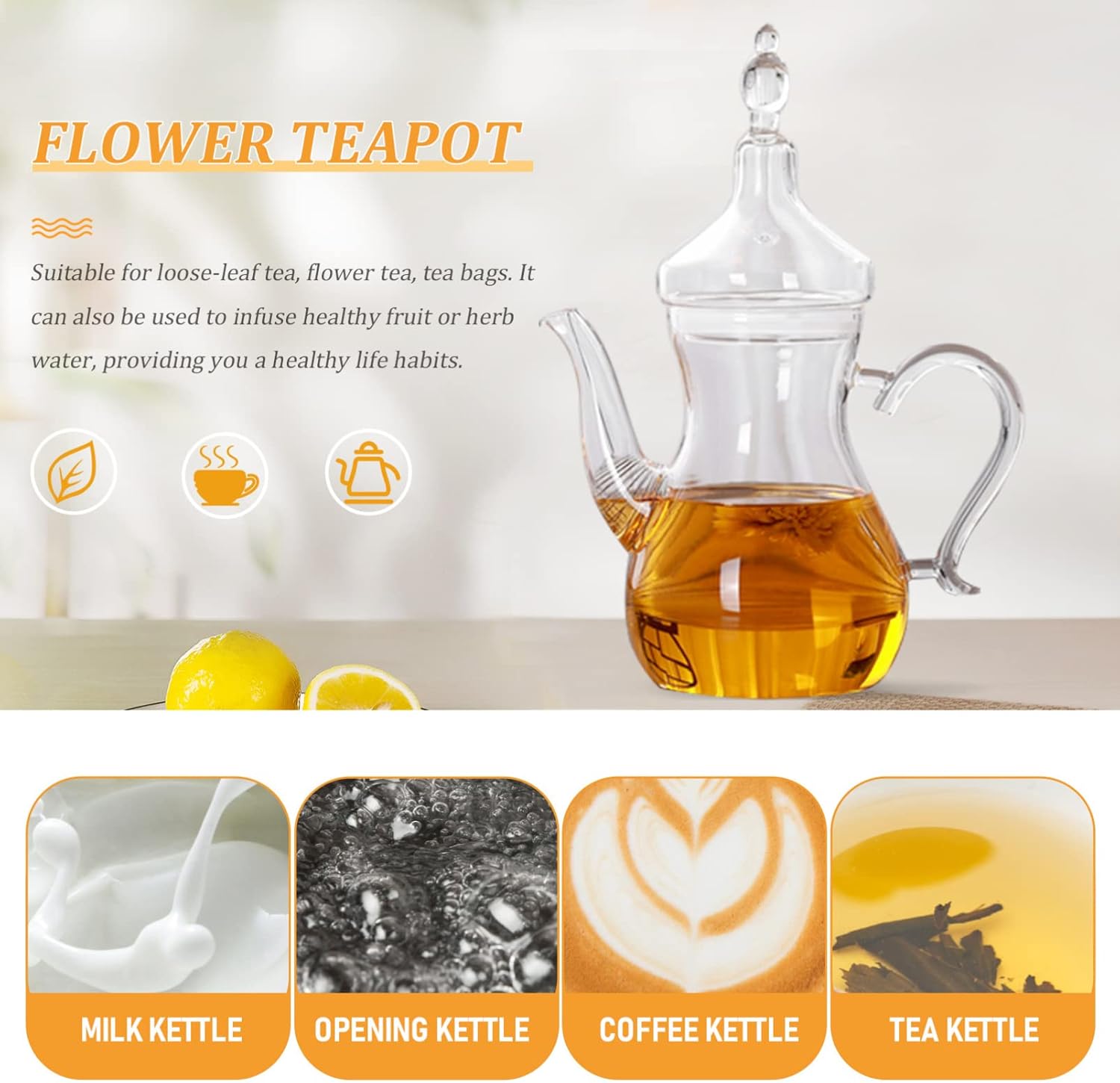 1 tetera de vidrio, tetera de té, infusor de té, hervidor de agua decorativo transparente, dispensador de café, botella para servir leche, tetera de
