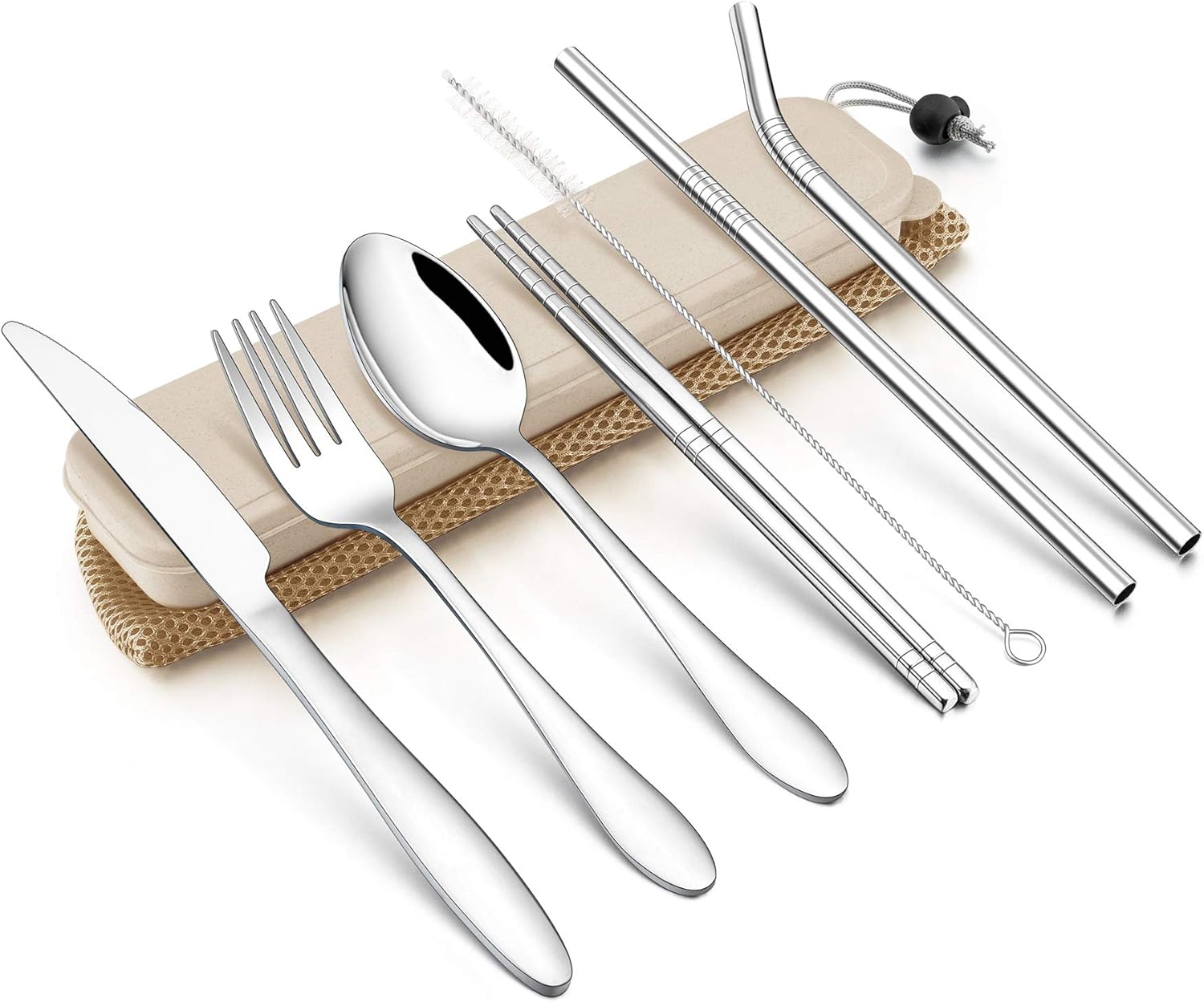 LIANYU Juego de cubiertos de viaje de 9 piezas, cuchara de tenedor de cuchillo de acero inoxidable, palillos, pajitas de metal, cepillo de limpieza,