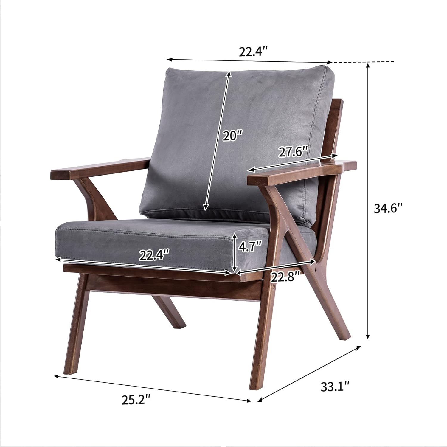 UNICOO – Silla de mediados de siglo, sillón tapizado retro, con marco de madera y cojines extraíbles, silla grande de ocio para sala de