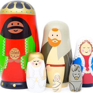 Moonmo – Muñeca de anidación de la familia de la natividad de la familia de la natividad figuras de pesebre matryoshka juego de 5 muñecas marrón Moonmo – Muñeca de anidación de la familia de la natividad de la familia de la natividad figuras de pesebre matryoshka juego de 5 muñecas marrón