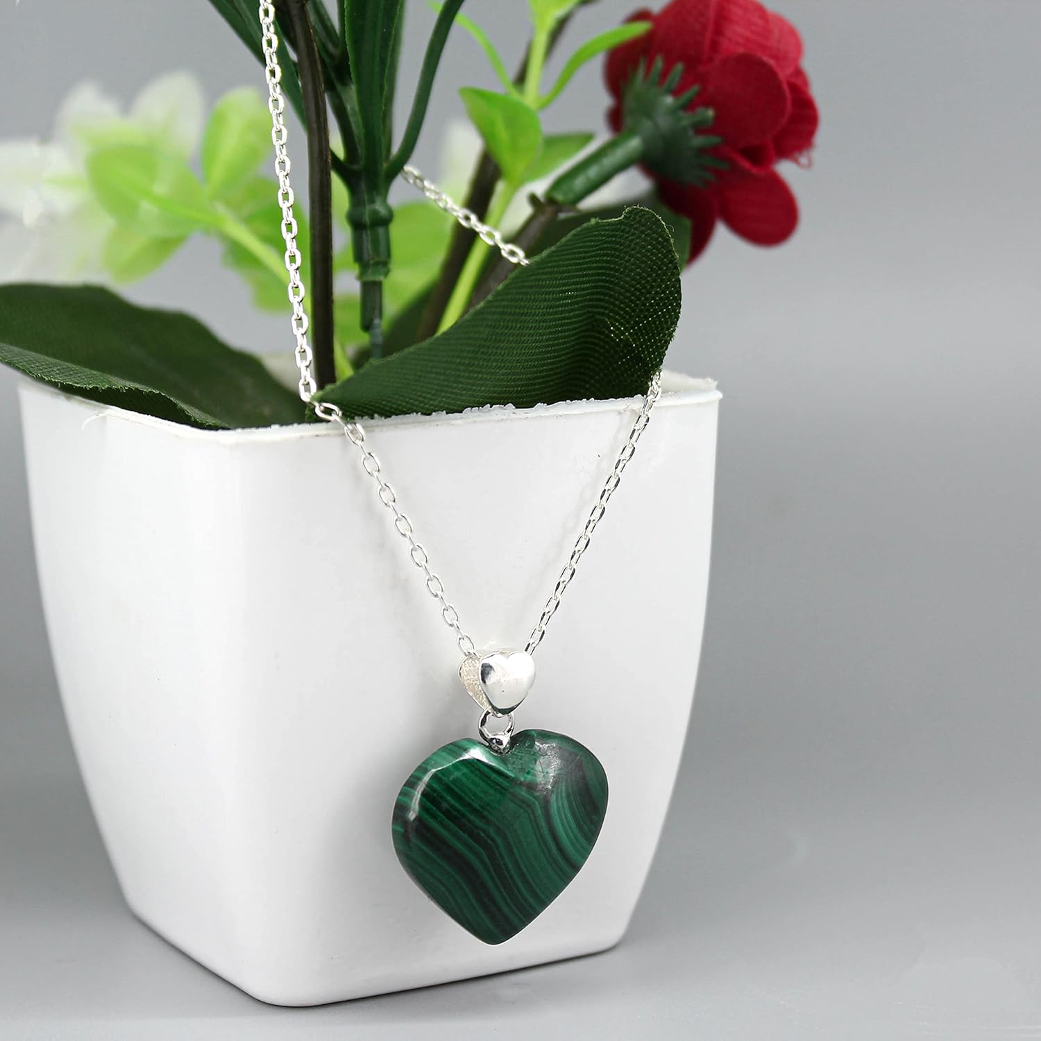 Green Malachite Necklace for Women, Heart Pendant Necklace, Green Heart Necklace, Malachite Jewelry, Everyday Wear, 925 Silver 16+2 inch Adjustable