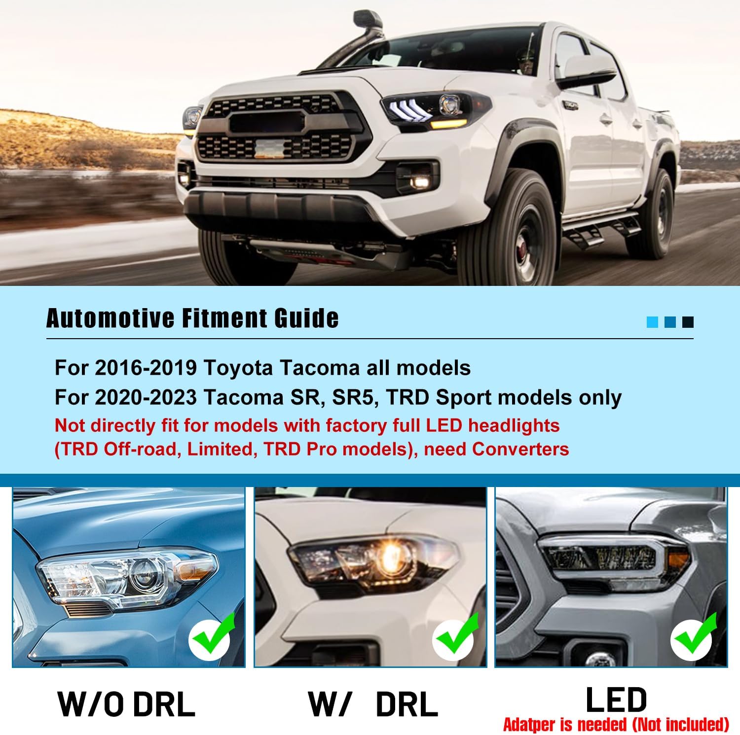 CPW Faros delanteros compatibles con Toyota Tacoma 2016-2019 2020-2023 Tacoma SR SR5 TRD Sport solo modelos DRL proyector faro frontal negro