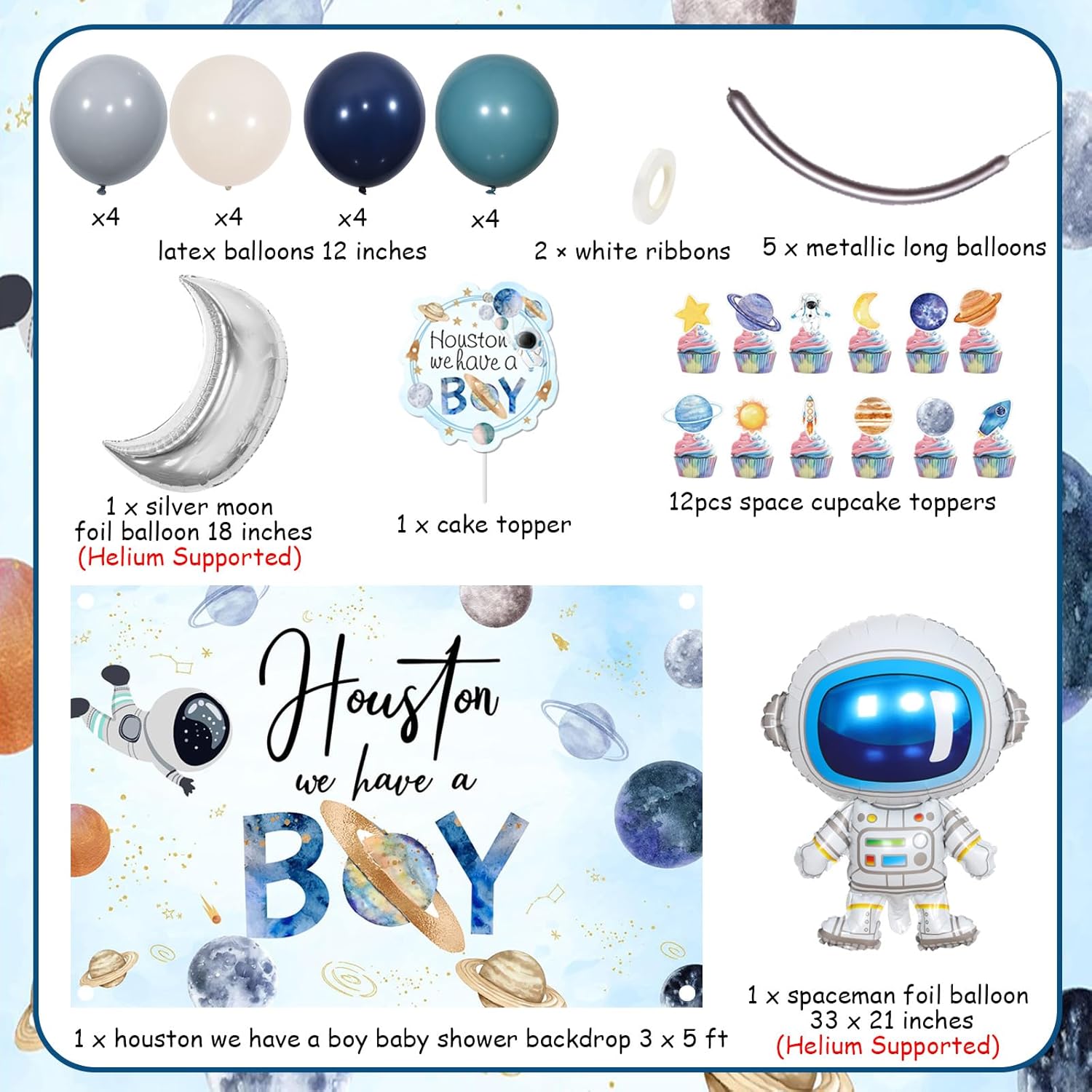 Decoraciones para baby shower del espacio exterior para niño, decoración de cupcakes de astronauta espacial, Houston We Have a Boy Baby Shower telón