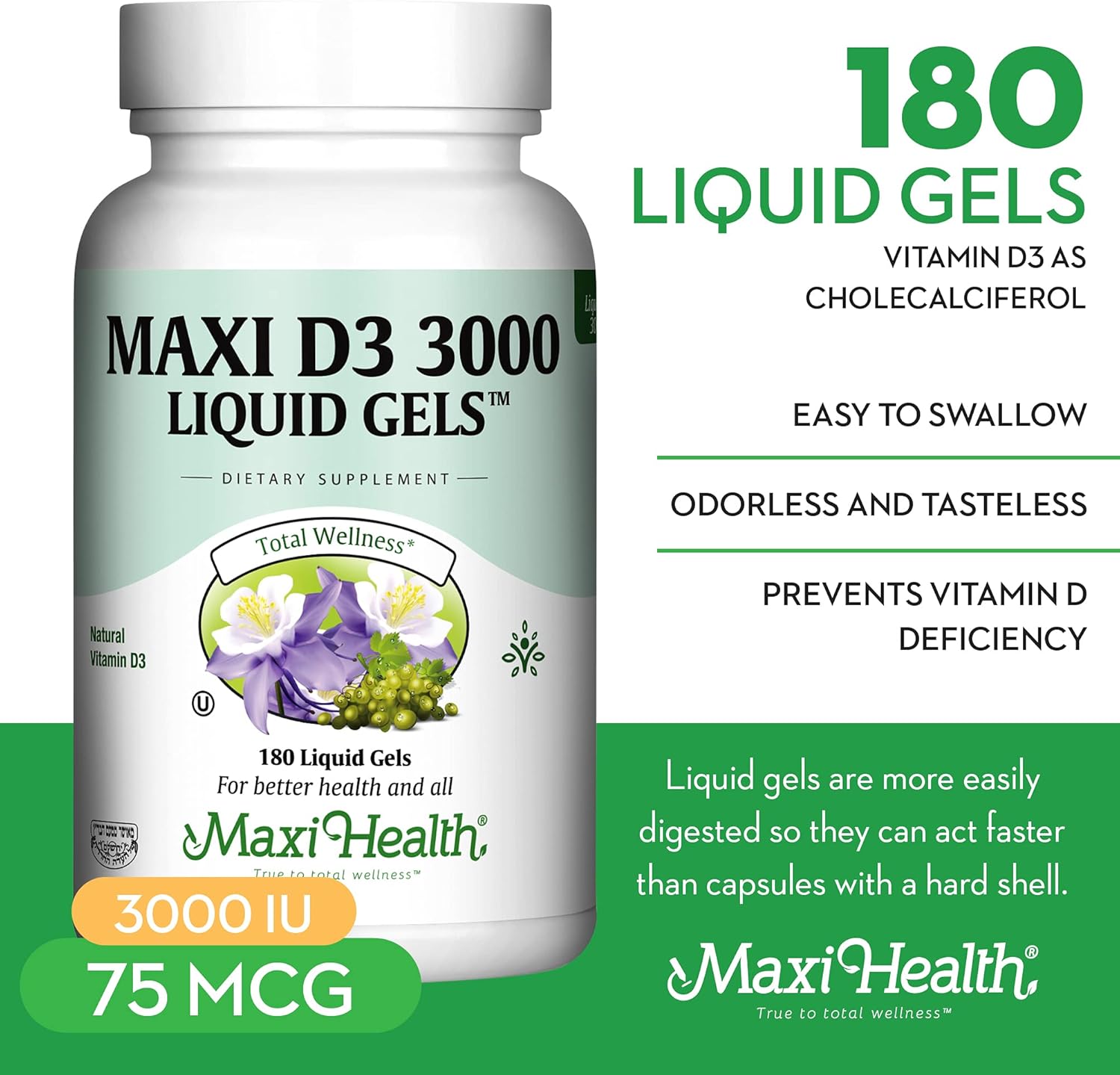 Maxi Health D3 3000 (180 geles líquidos, geles líquidos)