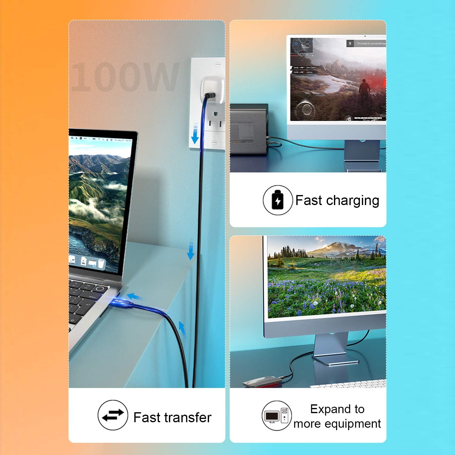 Cable USB C a USB C 3.1 de 3.3 pies, cable USB 3.1 Gen 2 de 10 Gbps, cable de monitor 4K 60Hz y carga rápida de 100 W con marca E para Thunderbolt