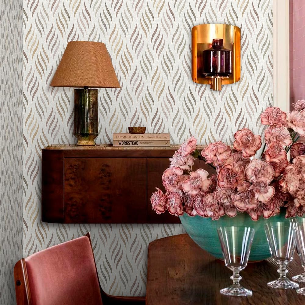 MuralPeel Papel tapiz geométrico bohemio con hojas onduladas para despegar y pegar, moderno, fácil de despegar, papel de contacto vintage,
