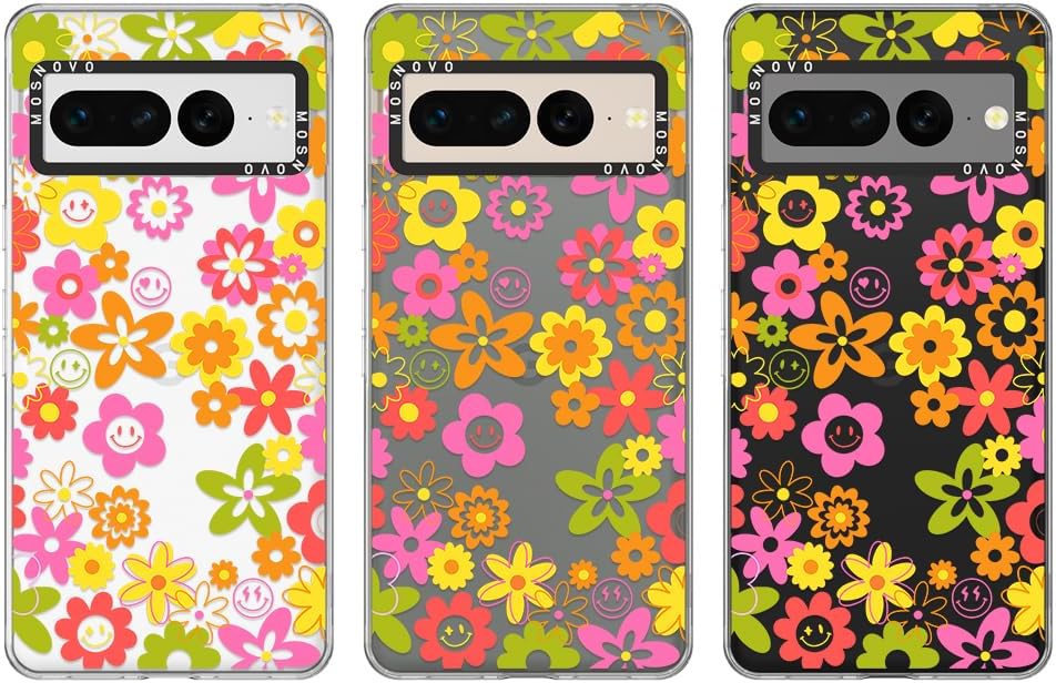 MOSNOVO Funda compatible con Google Pixel 7 Pro 5G, diseño floral transparente de los años 70, carcasa rígida de plástico transparente con
