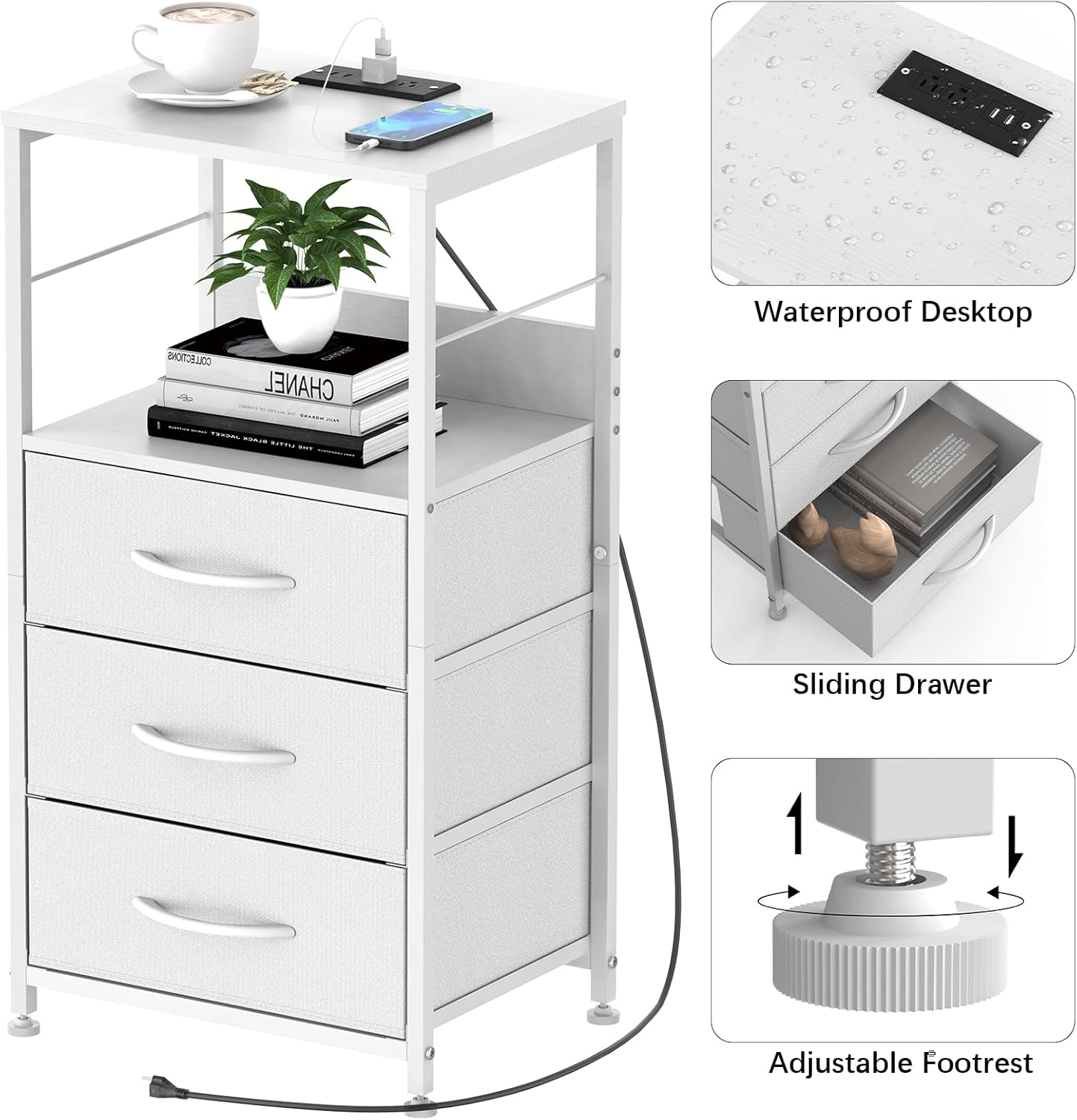 Mesita de noche blanca con estación de carga, mesa auxiliar con cajón, mesita de noche alta con puertos USB y tomacorrientes, mesita de noche de 3