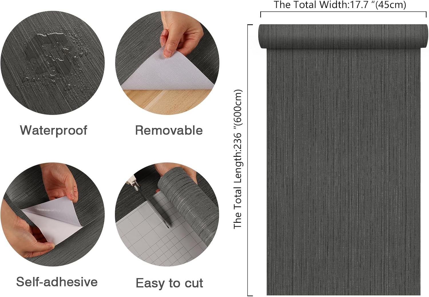 CHIHUT Papel tapiz gris oscuro, papel tapiz autoadhesivo texturizado para dormitorio, papel tapiz de tela de lino extraíble para paredes, armarios,