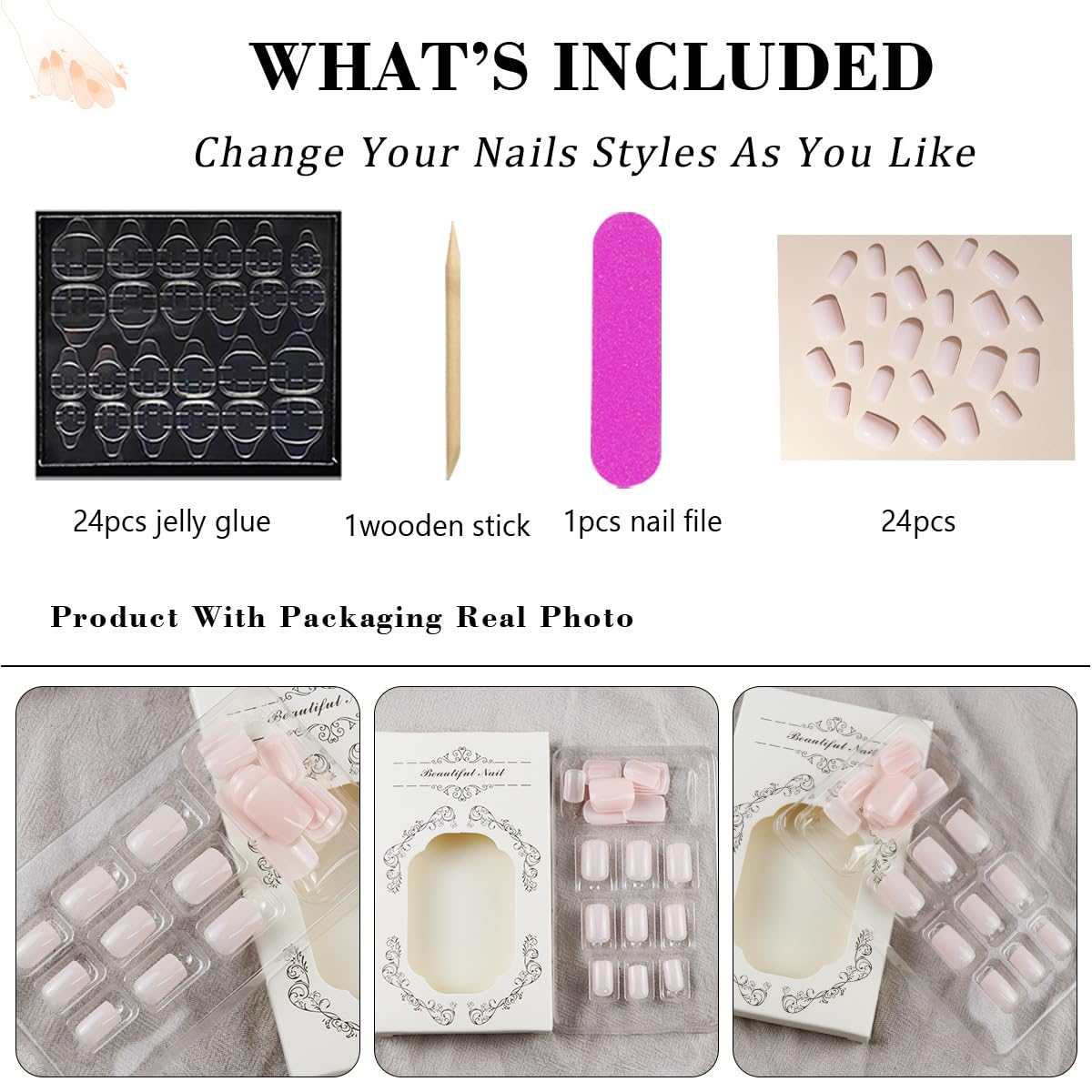 24 piezas de uñas postizas cuadradas cortas de color blanco leche, uñas postizas acrílicas con pegamento en uñas artificiales, color sólido