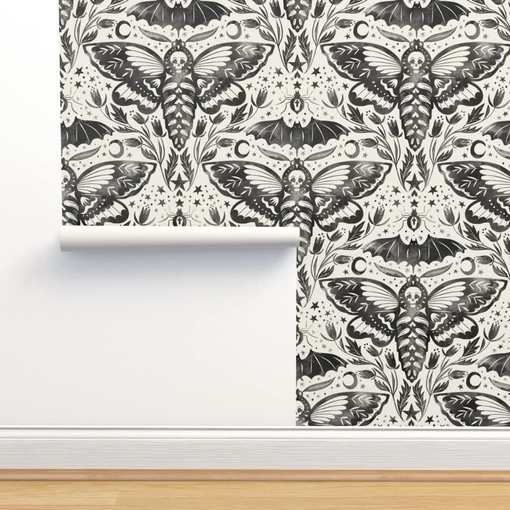 Spoonflower Papel tapiz extraíble de 12 x 2 pies  Acuarela Calavera Polilla Damasco Negro Blanco Flor Estrellas Elegante Tinta Magia Papel pintado