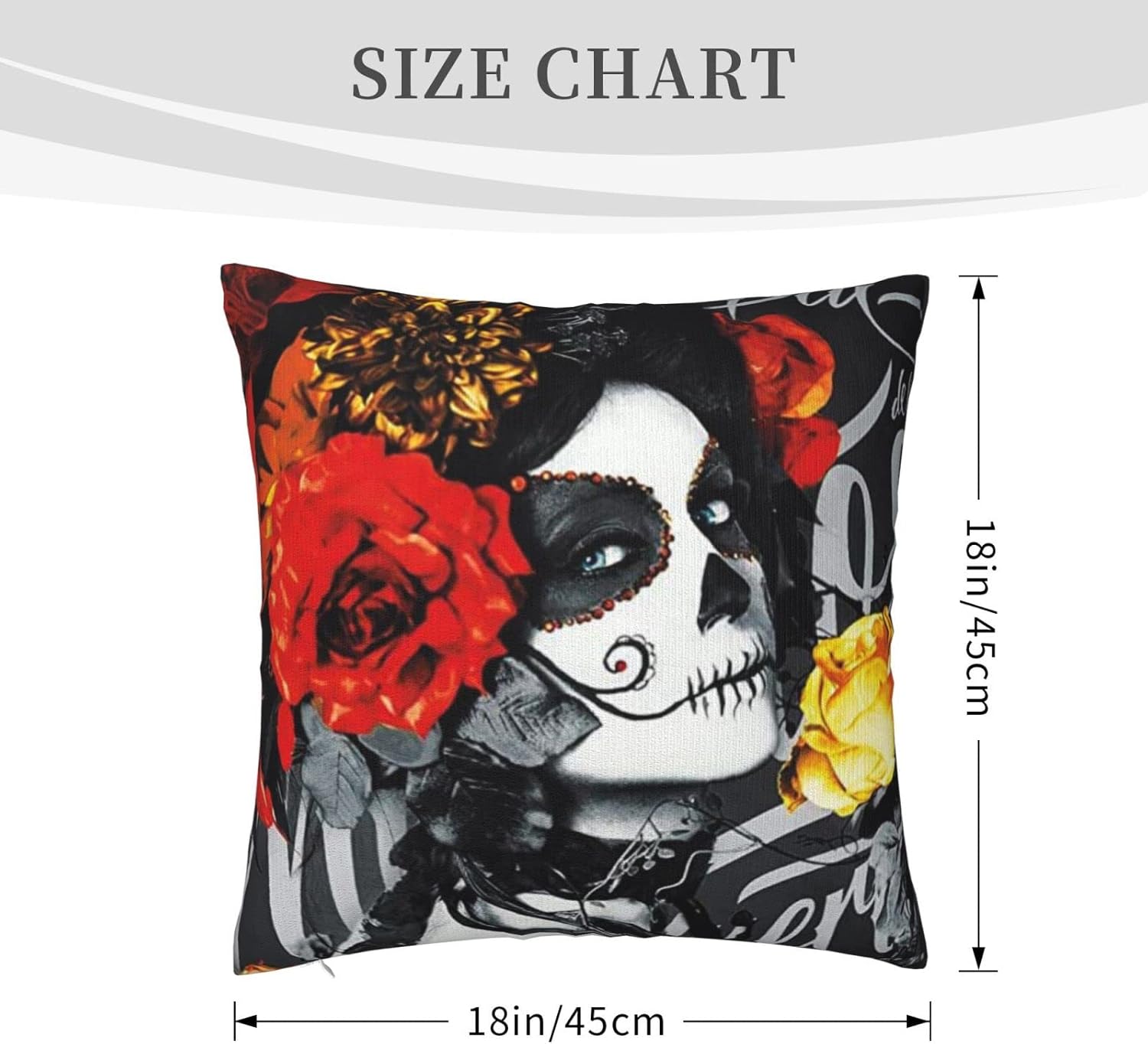 Funda de almohada decorativa de calavera de azúcar, funda de cojín cuadrada para sofá, cama, silla de automóvil, sala de estar, 18 x 18 pulgadas