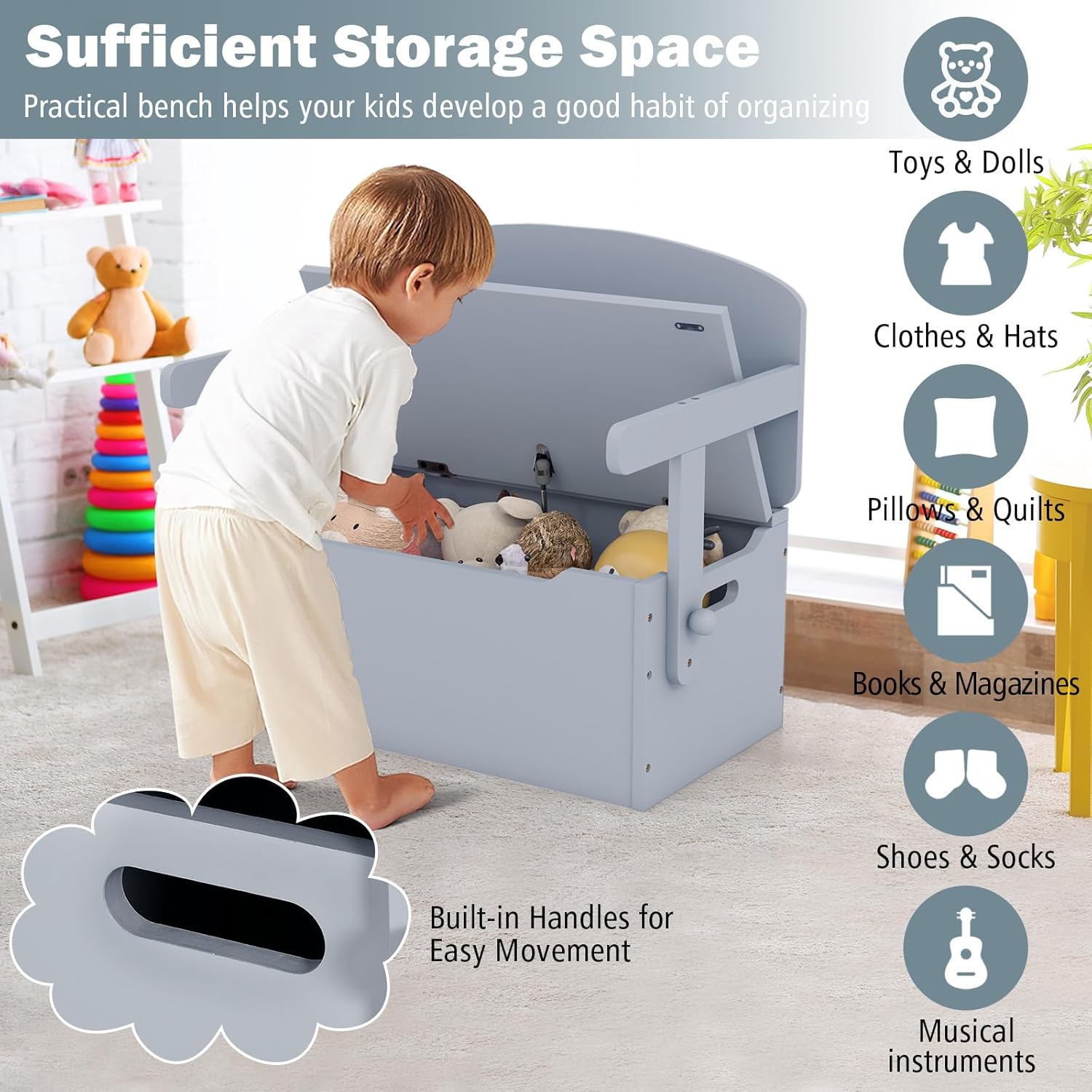 Costzon Juego de mesa y silla para niños, banco de almacenamiento de juguetes convertible con asa integrada para jardín de infantes, preescolar,